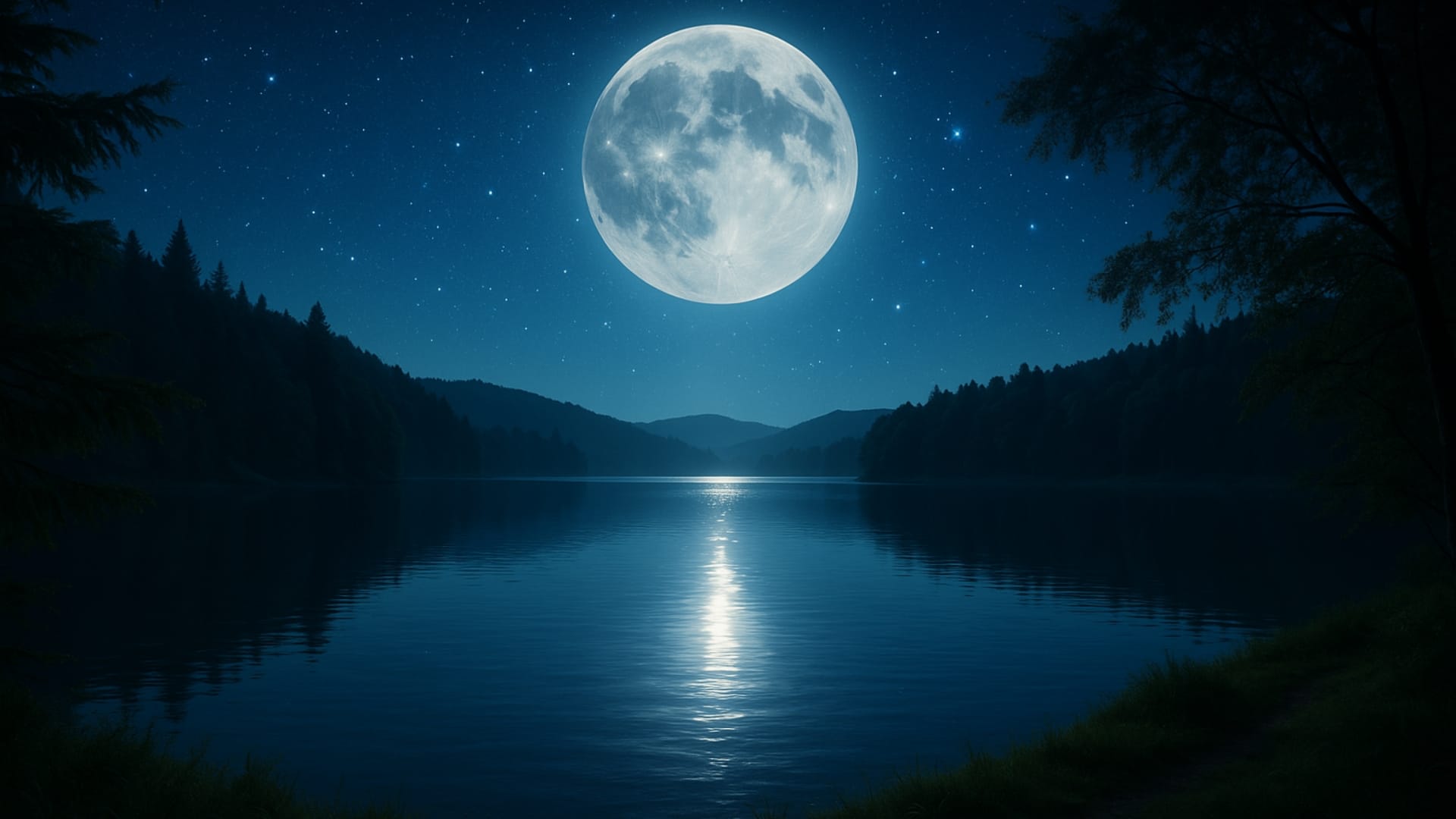 ユニバーサルヒーリングの満月と湖に映る光